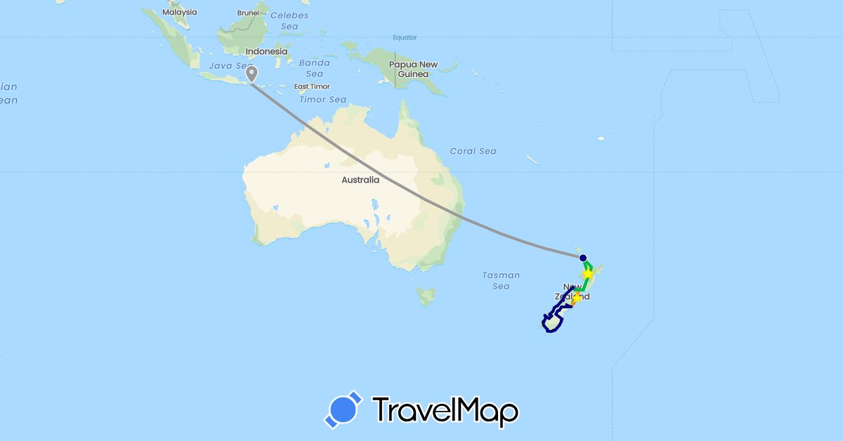 TravelMap itinerary: driving, bus, plane, hiking, boat, hitchhiking in Indonesia, New Zealand (Asia, Oceania)